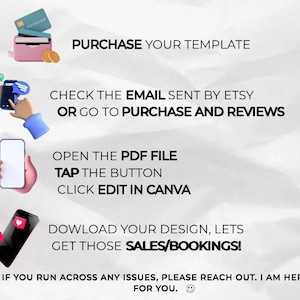 May include: A graphic with instructions for purchasing and downloading a template. The image includes a pink wallet with credit cards, a phone with a chat bubble, a hand holding a phone, and a phone with a heart icon. Text includes "Purchase Your Template" and "Download Your Design."