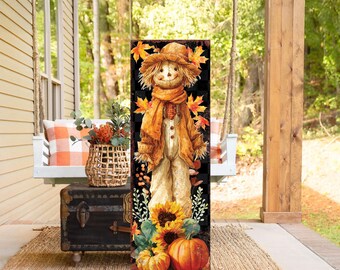 Scarecrow Fall Porch Sign: Vertical Autumn Decor with Sunflowers & Pumpkins