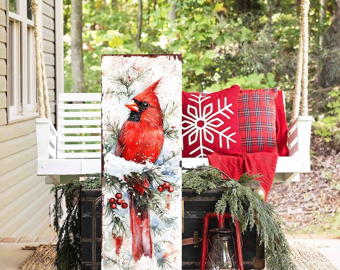 Winter welcome sign with cardinals handmade rough cut wooden sign