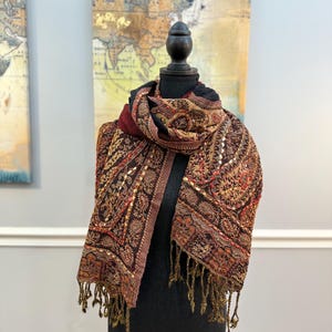 Boiled Wool Hand-Embroidered Knit Shawl Scarf/ Pashmina – Handmade in Nepal, One-of-a-Kind Exclusive Design, Warm, for Women, Brown Series