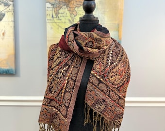 Gekochte Wolle handbestickter Strick-Schal / Pashmina - handgemacht in Nepal, einzigartiges exklusives Design, warm, für Damen, Brown-Serie