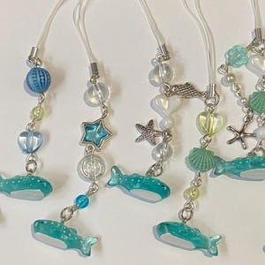 Beach and ocean inspired whale shark phone charms and phone strap- beaded and handmade- gift ideas; phone and purse charms
