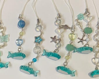 Beach and ocean inspired whale shark phone charms and phone strap- beaded and handmade- gift ideas; phone and purse charms