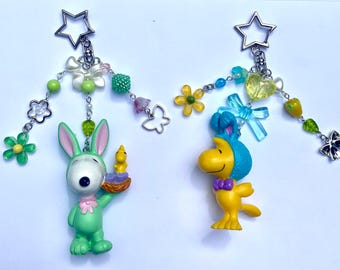 Beaded Easter Peanuts Snoopy dog and Woodstock Bird keychains- nostalgic gift idea, custom made and beaded, bag, backpack, purse charm