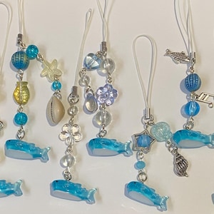 Beach and ocean inspired whale shark phone charms and phone strap- beaded and handmade- gift ideas; phone and purse charms