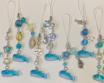 Beach and ocean inspired whale shark phone charms and phone strap- beaded and handmade- gift ideas; phone and purse charms