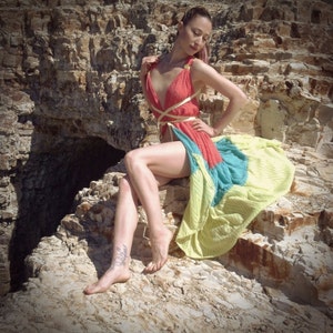 Butterfly wrap dress, Beach cover-up coral/teal/yellow SALE!!!