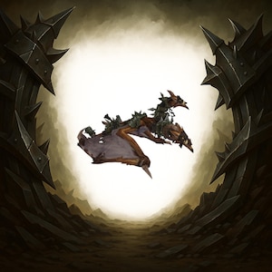 Könnte beinhalten: Eine digitale Illustration eines braunen und lila Drachen mit stacheliger Rüstung, der durch eine helle, kreisförmige Öffnung fliegt. Der Drache ist vor einem dunklen, strukturierten Hintergrund mit stacheligen, festungsartigen Strukturen auf beiden Seiten platziert.