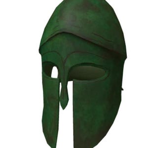 May include: A green bronze Greek warrior helmet with a plume and a face mask. The helmet has a weathered, aged look.
