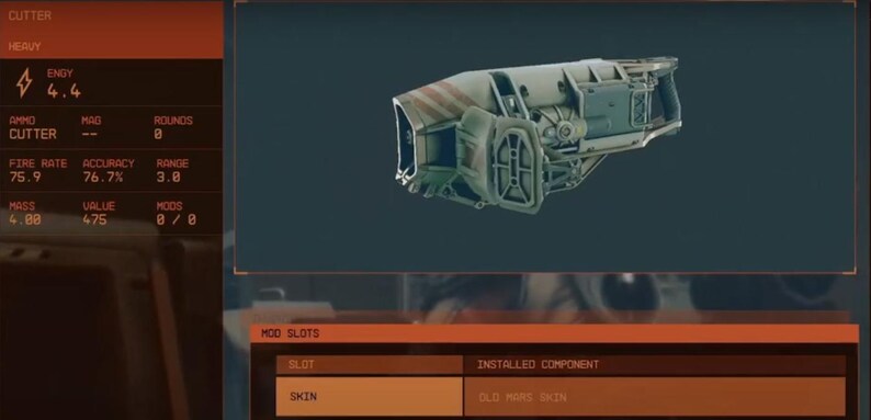 May include: A close-up of a gray and brown weapon with a striped design. The weapon is called "Cutter" and has a fire rate of 76.9, an accuracy of 76.7%, and a range of 3.0. The weapon has a mass of 4.80, a value of 475, and 8 mods. The weapon has a skin called "Old Maas Skin".