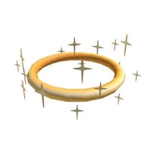 May include: A golden halo with a gradient effect, surrounded by star-shaped sparkles. The halo is a ring shape, and the sparkles are evenly spaced around it, creating a celestial design.
