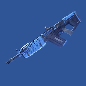 Può includere: Un fucile d'assalto blu e nero con un'impugnatura testurizzata e un caricatore nero. Il fucile ha una canna blu e un calcio nero.