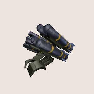 May include: A dark blue and yellow missile launcher with multiple missiles attached. The launcher is made of metal and has a green base.