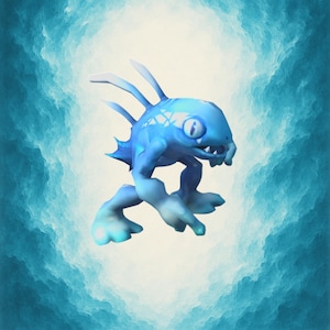 May include: A 3D rendering of a blue creature with a fish-like head, spiky fins, and webbed feet. The creature has a light blue body with darker blue accents and a white pattern on its head. It is set against a textured, light blue and white background.