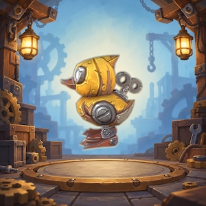 May include: A mechanical yellow duck figurine featuring metallic silver joints, a circular winding key on its back, and a stylized beak. The duck is positioned centrally against a background of wooden structures, gears, and glowing lanterns.