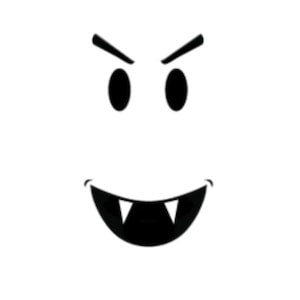 May include: A cartoon face with black eyebrows, oval eyes, and a wide, toothy grin. The face is entirely black and white, with sharp, triangular fangs. The overall expression is one of mischievousness or a playful, slightly menacing character.