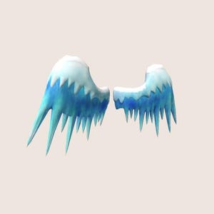 Può includere: Un paio di ali di ghiaccio con uno schema di colori blu e bianco. Le ali sono fatte di ghiaccioli e hanno un aspetto irregolare e appuntito.