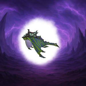 May include: A digital illustration of a fantasy creature with a green and blue striped body, wings, and a decorative head. The creature is set against a backdrop of a purple, cavernous landscape with a bright, white light source.