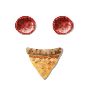 Könnte beinhalten: Ein lächelndes Gesicht aus Pizza. Zwei rote Pepperoni-Scheiben bilden die Augen und ein Stück Pizza mit Käse und Tomatensauce bildet den Mund.