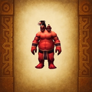 May include: A red, two-headed cartoon character with muscular arms and legs. The character wears a dark blue and black loincloth and wristbands. The background has a parchment-like texture with decorative borders.
