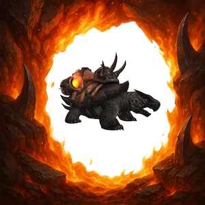 May include: A digital illustration of a fantasy creature, a turtle-like beast with dark gray scales and a spiked shell. It has glowing orange eyes and a saddle. The background is a fiery, volcanic landscape.