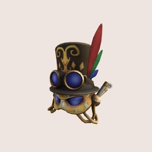 Op de afbeelding: Een steampunk-achtig karakterhoofd met een gouden en bruine hoge hoed, blauwe beschermbrillen en een gouden masker. De hoed heeft een rood, groen en blauwe verenpluim.