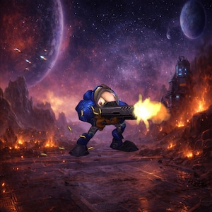 May include: A futuristic soldier in blue and gold armour fires a weapon with a bright orange blast. The scene is set on a fiery planet with a purple sky, planets, and a distant structure. The soldier is crouched, aiming the gun.