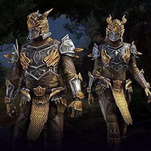 May include: Two figures wearing gold and silver armour with dragon-like helmets. The armour has a scaly texture and intricate details.