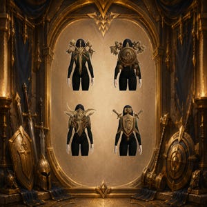 May include: Four distinct back-mounted armour sets featuring metallic gold shields and weaponry. Each set is displayed on a dark-clad figure, showcasing intricate designs including crossed swords, axes, and ornate crests within a grand golden archway.