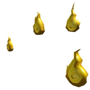 Könnte beinhalten: Vier goldene, flammenförmige Objekte mit einem weißen Wirbelmuster.