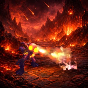 May include: A digital illustration of a purple creature with glowing yellow eyes and a yellow and white emblem on its chest, shooting a stream of fire. The background depicts a fiery landscape with mountains and falling meteors.