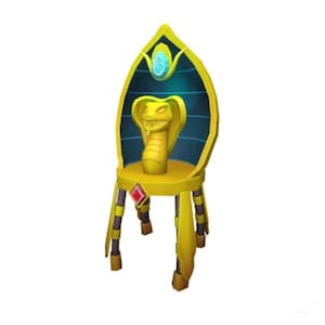 Könnte beinhalten: Ein gelber dekorativer Stuhl mit einem Kobra-Kopf-Design. Der Stuhl hat eine hohe Rückenlehne mit blauem Hintergrund und einem Edelstein oben. Der Stuhl hat vier Beine und einen roten Edelstein auf der Vorderseite.