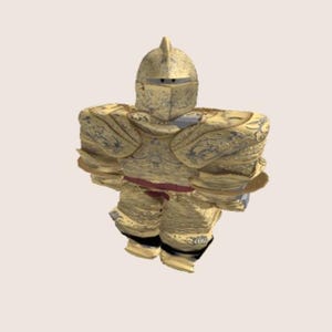 May include: A golden knight's armor set, including a helmet, shoulder pads, chest plate, and leg armor. The armor has intricate embossed designs and a red belt. The knight's armor is a complete set.