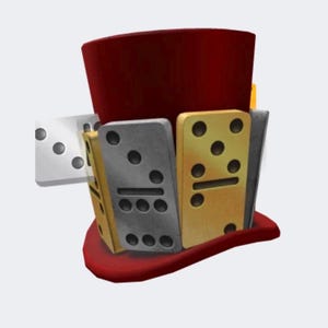 Peut inclure: Un chapeau haut de forme rouge fantaisiste orné de dominos et d'un seul dé. Les dominos sont dorés et argentés, avec des points noirs. Le chapeau a un large bord et une haute couronne cylindrique.