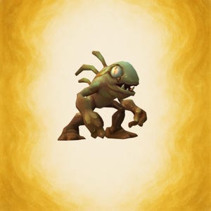 May include: A digital illustration of a green creature with large eyes, sharp teeth, and spiky appendages. The creature is in a crouching position. The background is a textured yellow.