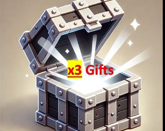 May include: A silver metal treasure chest with a hinged lid is open, revealing a bright white light and the text "x3 Gifts".