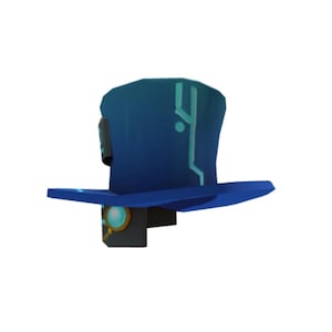 Könnte beinhalten: Ein blauer Zylinder mit futuristischem Design. Der Hut hat eine breite Krempe und eine hohe Krone, mit einem teal-farbenen schaltungsartigen Muster und einem kleinen, rechteckigen Gerät an der Seite. Ein kreisförmiges, leuchtendes Element befindet sich auf der Vorderseite.