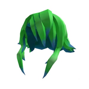 Könnte beinhalten: Eine leuchtend grüne Perücke mit blauen Akzenten. Die Perücke hat einen geschichteten, stacheligen Stil, wobei die grünen Strähnen nach unten und um den Kopf fallen. Das Design ist eine cartoonartige, stilisierte Darstellung von Haaren.