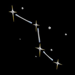 Könnte beinhalten: Ein Sternbild-Design vor schwarzem Hintergrund. Das Design zeigt vierzackige Sterne mit gelben Spitzen, die durch hellblaue Linien verbunden sind. Mehrere kleine, weiße, runde Formen sind um die Sterne herum verstreut.