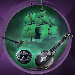 May include: A green and black ship with sails, a black banjo with green accents, and a black compass with green accents. The items are set against a purple background.