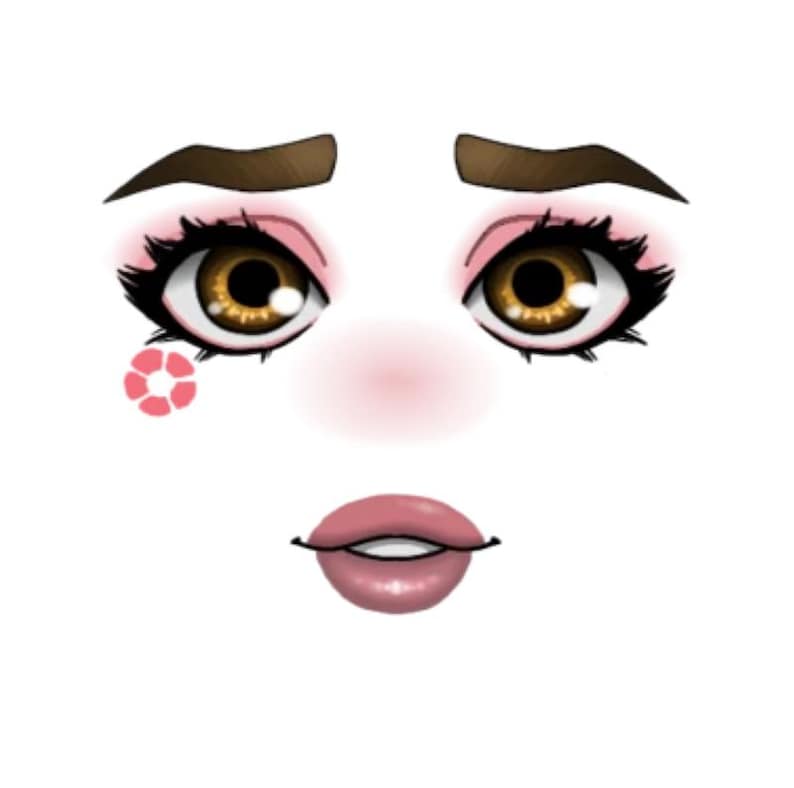Peut inclure: Illustration num&eacute;rique d'un visage avec des sourcils bruns, de grands yeux bruns avec un eye-liner noir et de l'ombre &agrave; paupi&egrave;res rose. Le visage a un nez rose, des l&egrave;vres roses et un cercle rose avec un motif blanc sur la joue gauche.