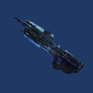 May include: A futuristic-looking black and blue assault rifle with a green and blue digital camouflage pattern.