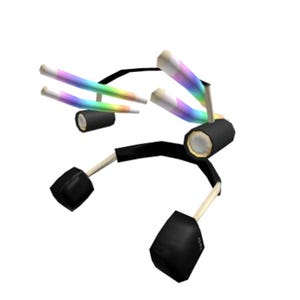 Könnte beinhalten: Ein skurriles, abstraktes Design mit einem zentralen schwarzen Zylinder mit goldfarbenem Rand, verbunden mit schwarzen, gebogenen Armen und schwarzen, quadratischen Füßen. Das Design umfasst mehrere regenbogenfarbene, zylindrische Elemente.