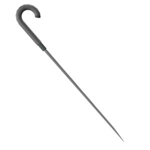 May include: A gray, curved-handle cane with a slender, pointed shaft. The cane's handle is a darker shade of gray than the shaft, and it has a small, dark gray band where the handle meets the shaft. The cane is designed for support.