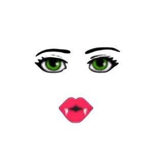 Könnte beinhalten: Digitale Illustration eines Gesichts mit grünen Augen, schwarzen Augenbrauen und roten Lippen mit weißen Fangzähnen. Das Bild ist vor einem weißen Hintergrund. Die Augen haben detaillierte schwarze Umrisse.