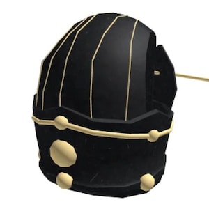 Könnte beinhalten: Schwarzer Helm mit goldenen Akzenten und geometrischem Design. Der Helm hat eine abgerundete Oberseite und eine spitze Vorderseite.