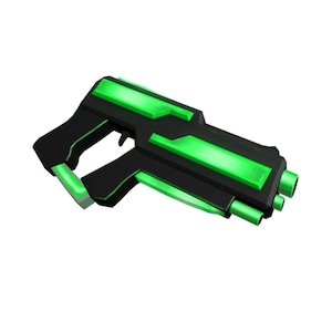 May include: A futuristic toy blaster featuring a matte black frame with vibrant neon green accents. The design includes a handle, a trigger, and three distinct barrel openings at the front, with glowing green panels along the top and side.