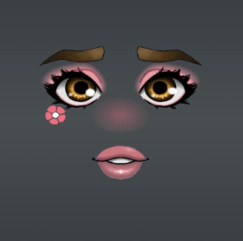 Peut inclure: Illustration num&eacute;rique d'un visage avec des sourcils bruns, de grands yeux bruns avec de l'ombre &agrave; paupi&egrave;res rose et de longs cils noirs. Le visage a un nez rose et des l&egrave;vres roses. Une fleur rose est pr&egrave;s de l'&oelig;il gauche.