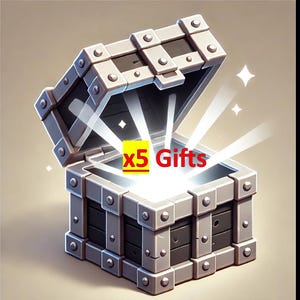 May include: A silver metal treasure chest with a hinged lid is open, revealing a bright white light and the text "x5 Gifts".