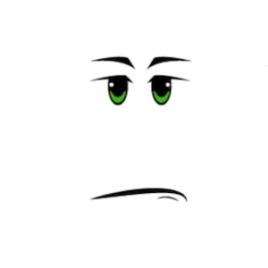 May include: A cartoon face with green eyes, black eyebrows, and a curved black line representing a mouth. The face is set against a white background.